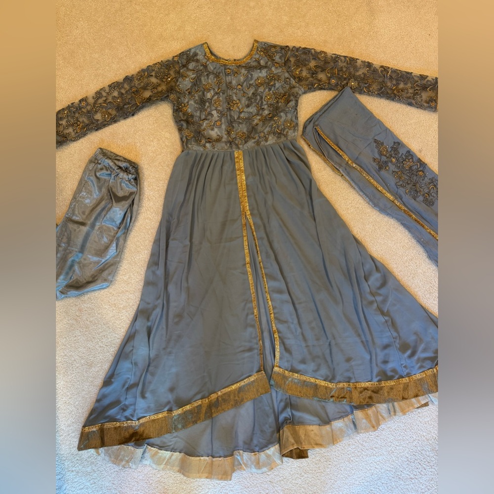 Dusty Steel Blue Embroidered Anarkali Set w/ Dupatta & Pants
